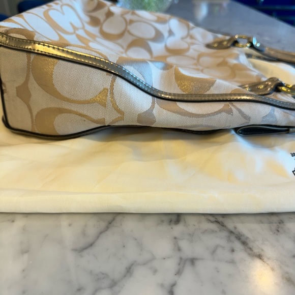 Coach gold and tan jacquard fabric tote with tan trim, pink satin lining. - Picture 9 of 12